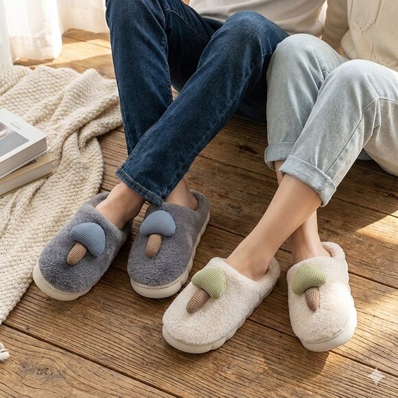 Couple's Cozy Mushroom Plush Slides - Soft & Warm Winter House Slippers - Picture 3 of 7
